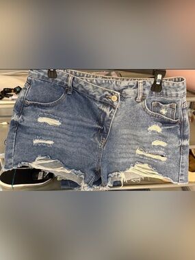 High-Rise Distressed Denim Shorts - Blue